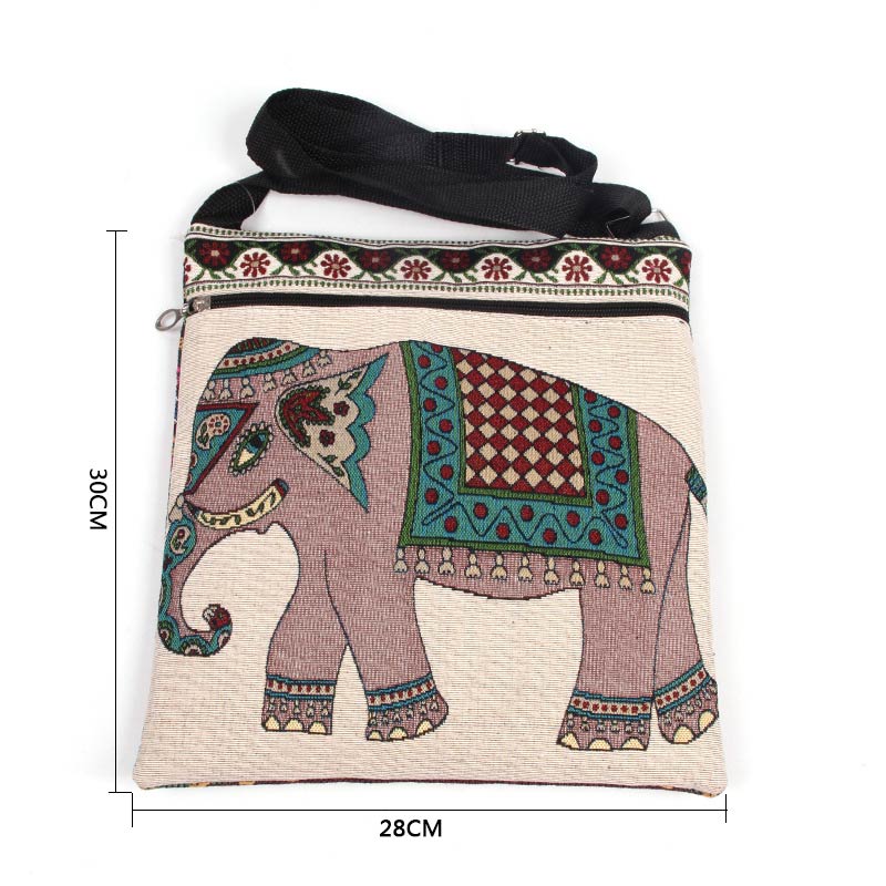 Grey Canvas Retro Elephant Embroidered Large Messenger Bag for Women