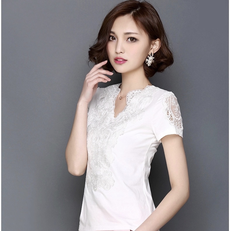 White Polyester Floral Lace Work Casual Women Top