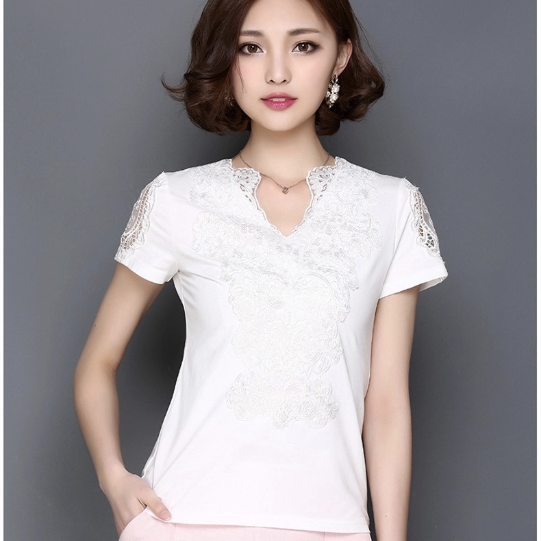 White Polyester Floral Lace Work Casual Women Top