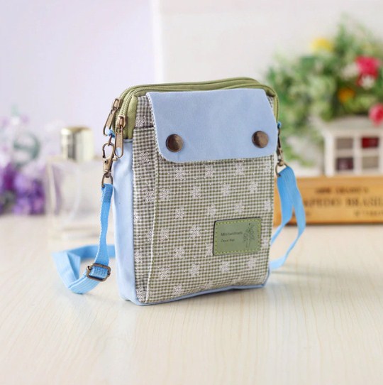 Canvas Checked Floral Mobile Phone Holder Mini Messenger Bag for Unisex