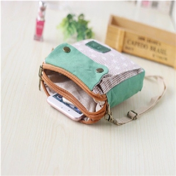 Canvas Checked Floral Mobile Phone Holder Mini Messenger Bag for Unisex