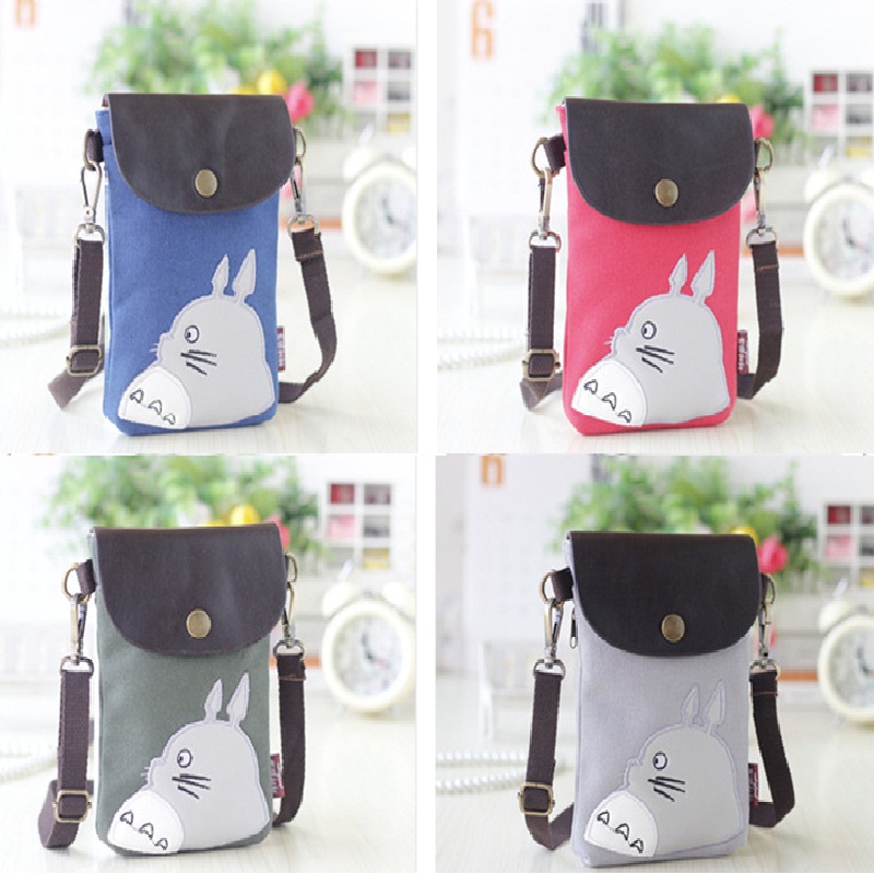Canvas Totoro Cartoon Printed Mobile Phone Holding Messenger Bag for Women