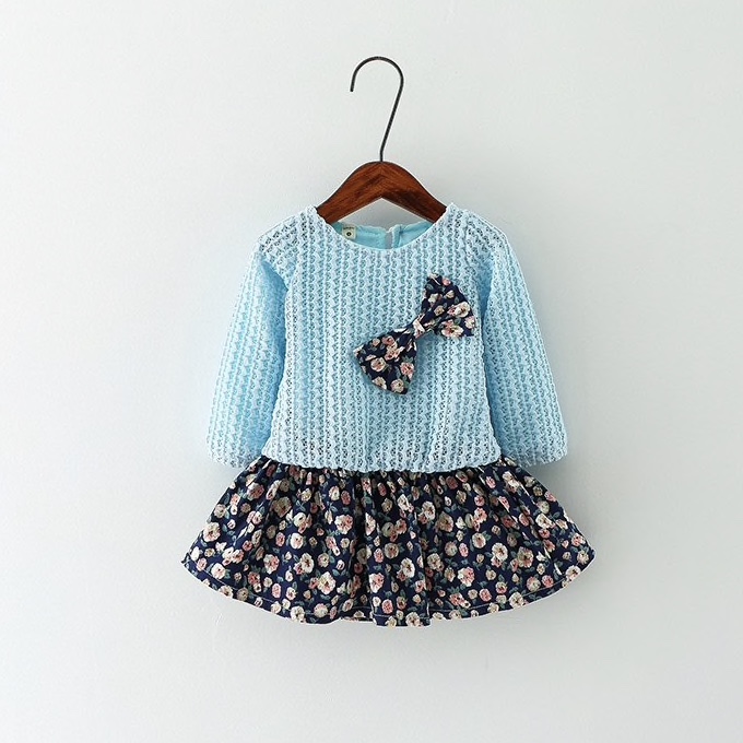 Cotton Printed Bow Decorated Casual Girls Dress