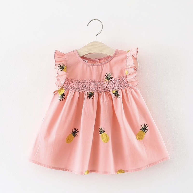 Cotton Pineapples Print Flared Casual Girls Dress