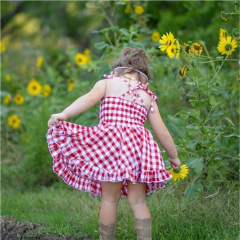 Red Cotton Plaid Printed Halter Neck Cross Strap Back Girls Dress