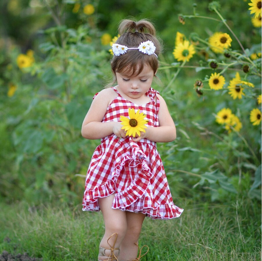 Red Cotton Plaid Printed Halter Neck Cross Strap Back Girls Dress