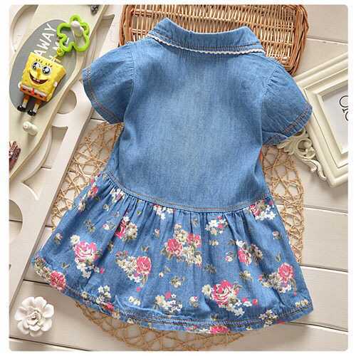 Blue Cotton Floral Print Denim Style Girls Dress