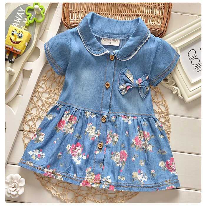 Blue Cotton Floral Print Denim Style Girls Dress