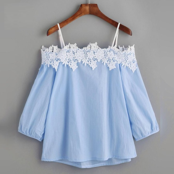 Polyester Off Shoulder Lace Splice Crop Top for Women