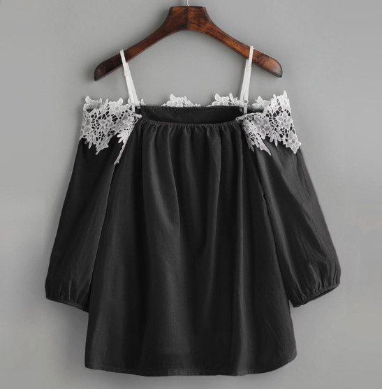 Polyester Off Shoulder Lace Splice Crop Top for Women