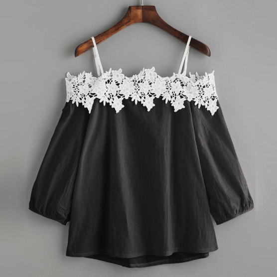 Polyester Off Shoulder Lace Splice Crop Top for Women