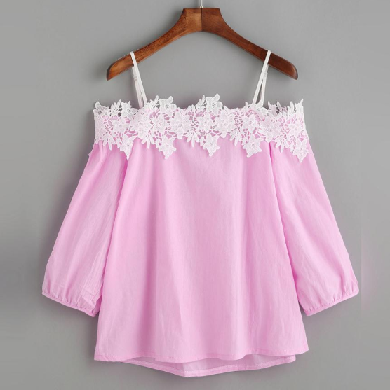 Polyester Off Shoulder Lace Splice Crop Top for Women