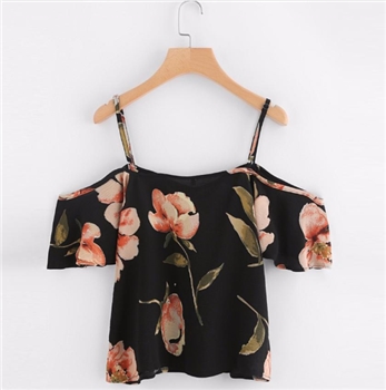Black Polyester Cold Shoulder Floral Print Short Top for Women