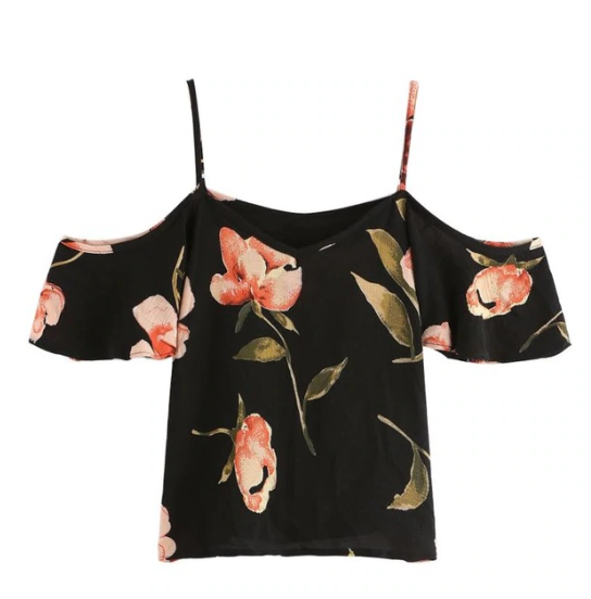 Black Polyester Cold Shoulder Floral Print Short Top for Women