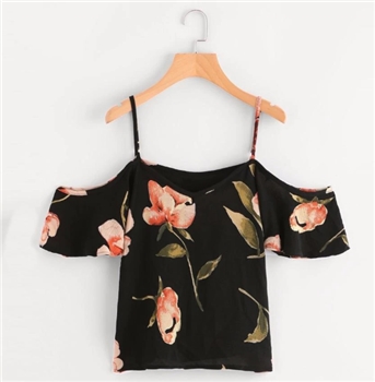 Black Polyester Cold Shoulder Floral Print Short Top for Women