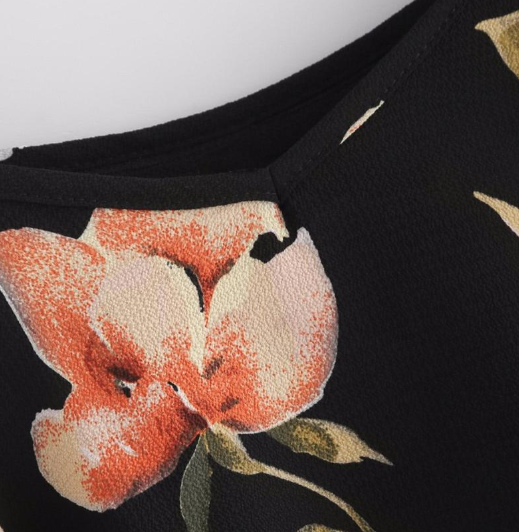 Black Polyester Cold Shoulder Floral Print Short Top for Women