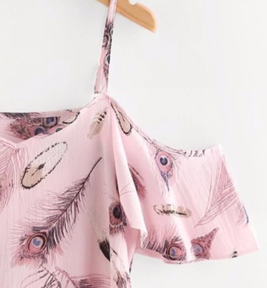 Pink Polyester Cold Shoulder Peacock Feather Print Short Top for Women