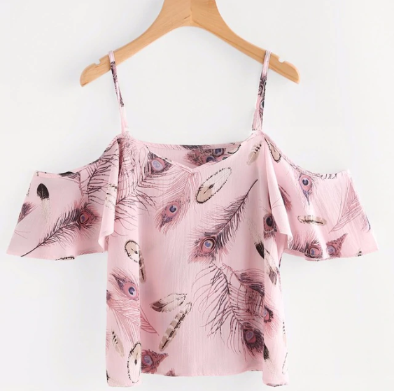 Pink Polyester Cold Shoulder Peacock Feather Print Short Top for Women