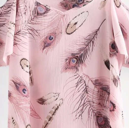 Pink Polyester Cold Shoulder Peacock Feather Print Short Top for Women