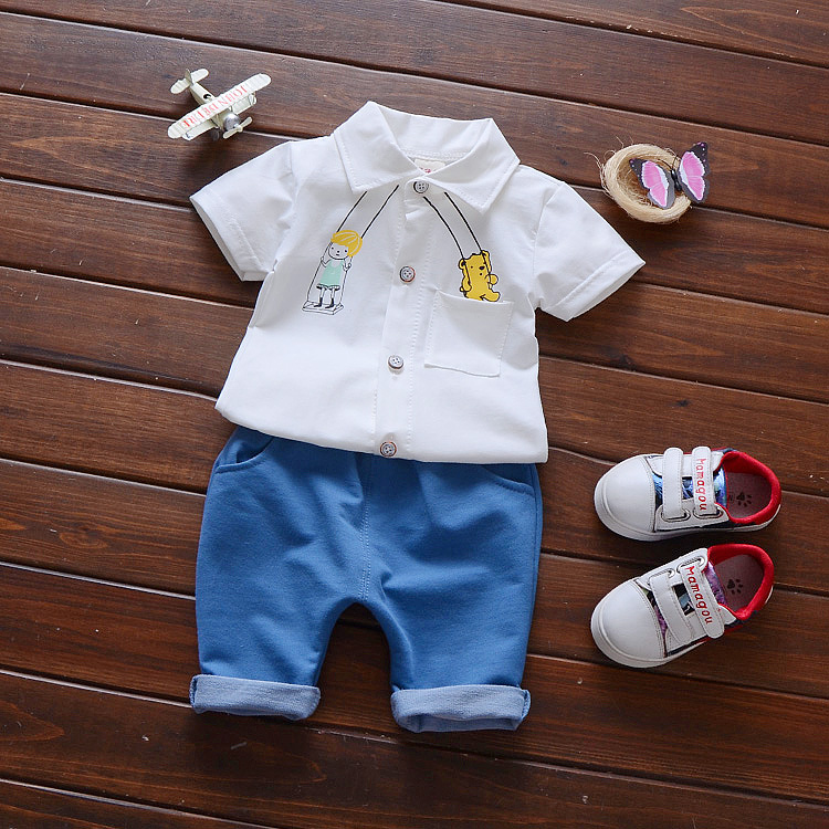 Cotton Printed Collar Neck Shirt Plain Pants Set For Kids