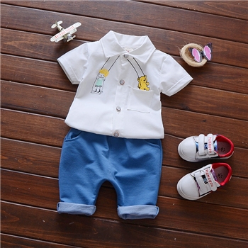 Cotton Printed Collar Neck Shirt Plain Pants Set For Kids