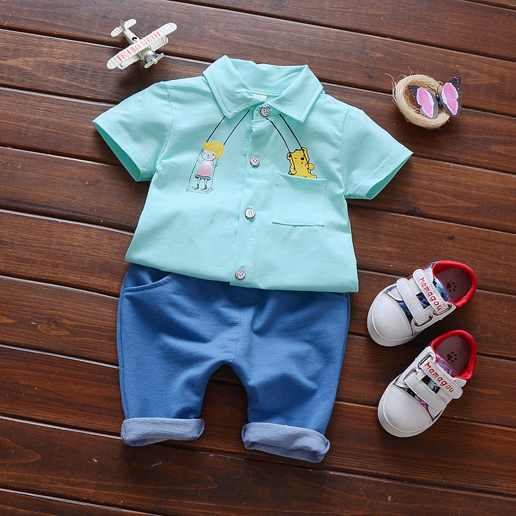 Cotton Printed Collar Neck Shirt Plain Pants Set For Kids