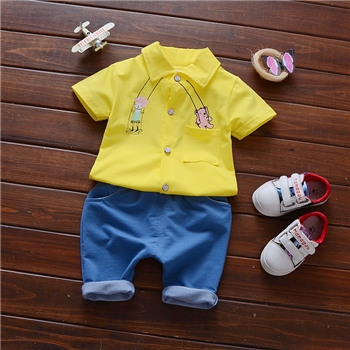 Cotton Printed Collar Neck Shirt Plain Pants Set For Kids