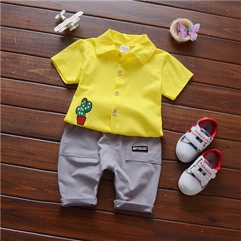 Cotton Cactus Work Shirt Plain Shorts Set For Kids