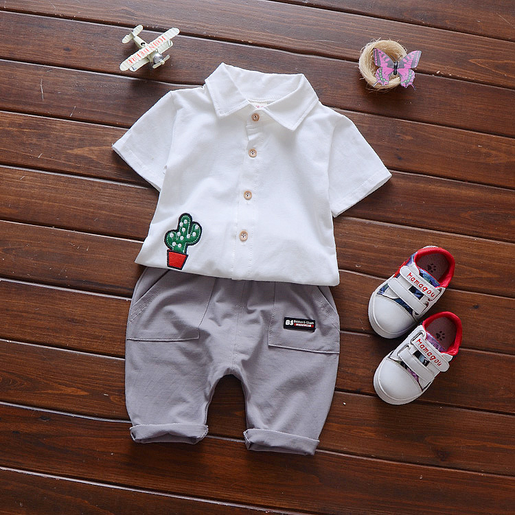 Cotton Cactus Work Shirt Plain Shorts Set For Kids