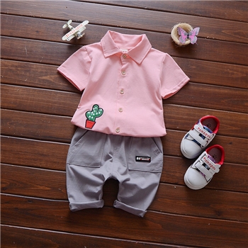 Cotton Cactus Work Shirt Plain Shorts Set For Kids