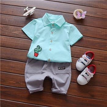 Cotton Cactus Work Shirt Plain Shorts Set For Kids