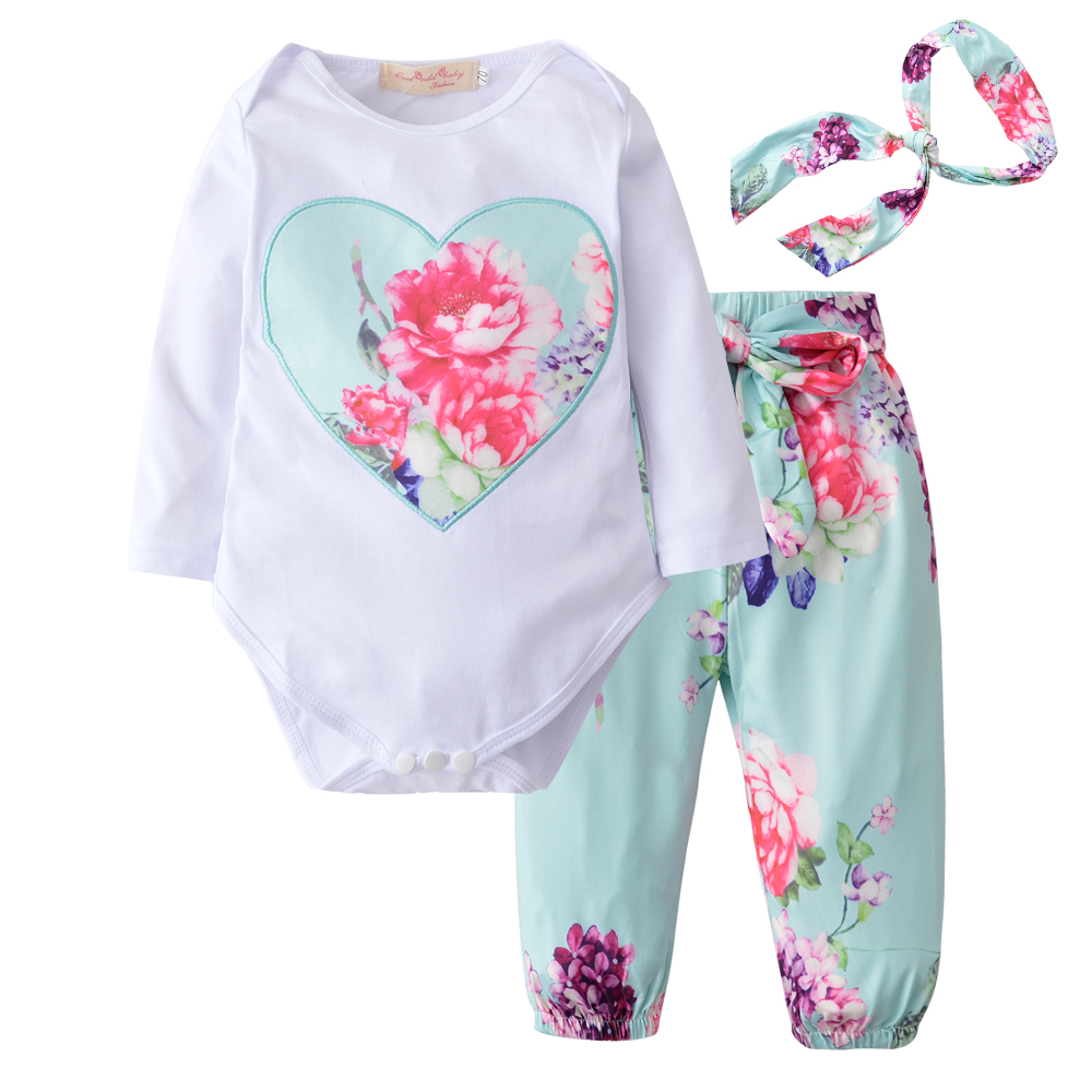 Green Cotton Heart Patterned Top Floral Printed Pants Set For Girls