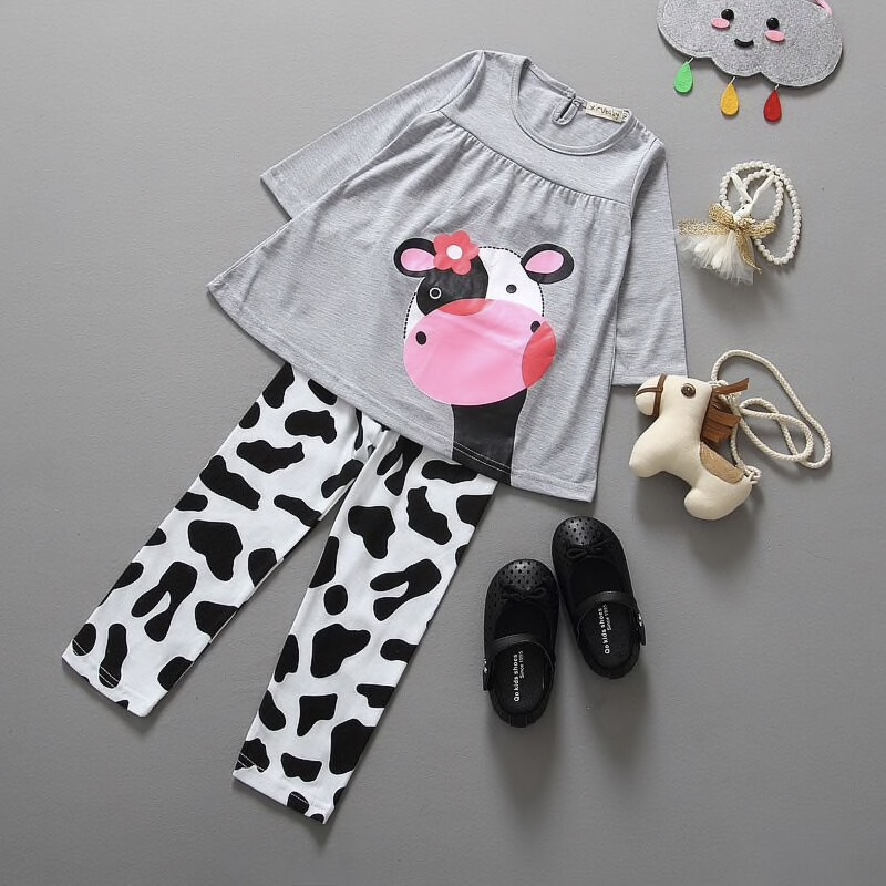 Grey Cotton Cartoon Patterned Top Printed Pants Set For Girls