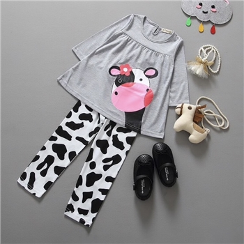 Grey Cotton Cartoon Patterned Top Printed Pants Set For Girls