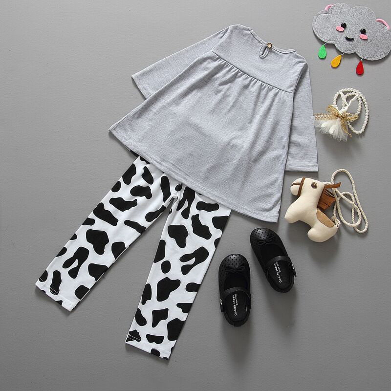 Grey Cotton Cartoon Patterned Top Printed Pants Set For Girls