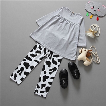 Grey Cotton Cartoon Patterned Top Printed Pants Set For Girls