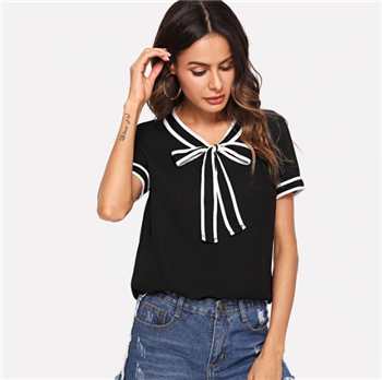 Black Polyester Tie Neck Short Sleeve Slim Top for Women