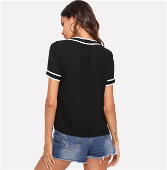 Black Polyester Tie Neck Short Sleeve Slim Top for Women