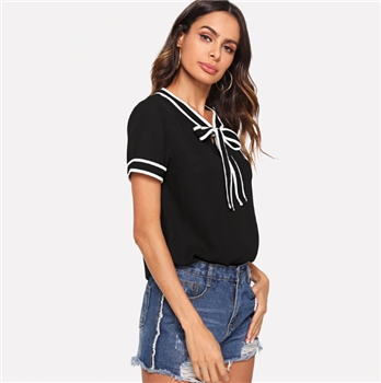 Black Polyester Tie Neck Short Sleeve Slim Top for Women