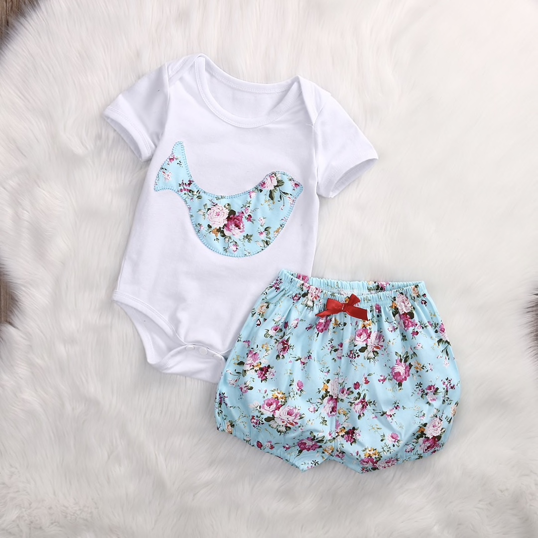 Blue Cotton Sparrow Patch Work Top Printed Shorts Set For Girls