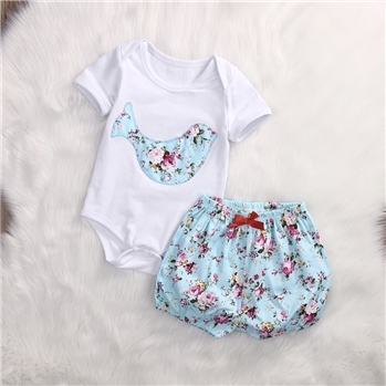 Blue Cotton Sparrow Patch Work Top Printed Shorts Set For Girls