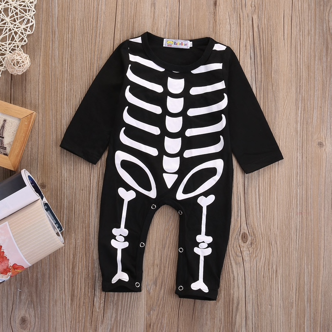 Black Cotton Skeleton Printed Casual Romper For Kids