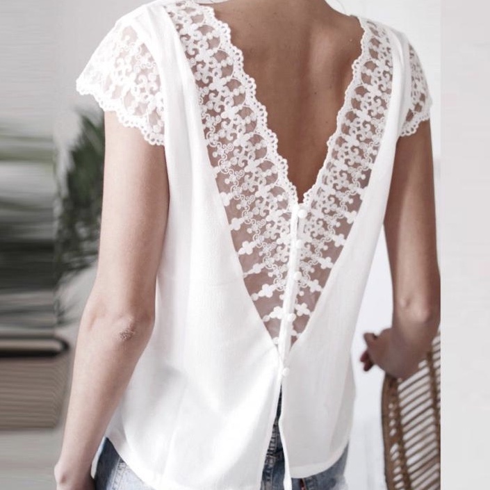 White Polyester Back Lace Work Casual Women Top