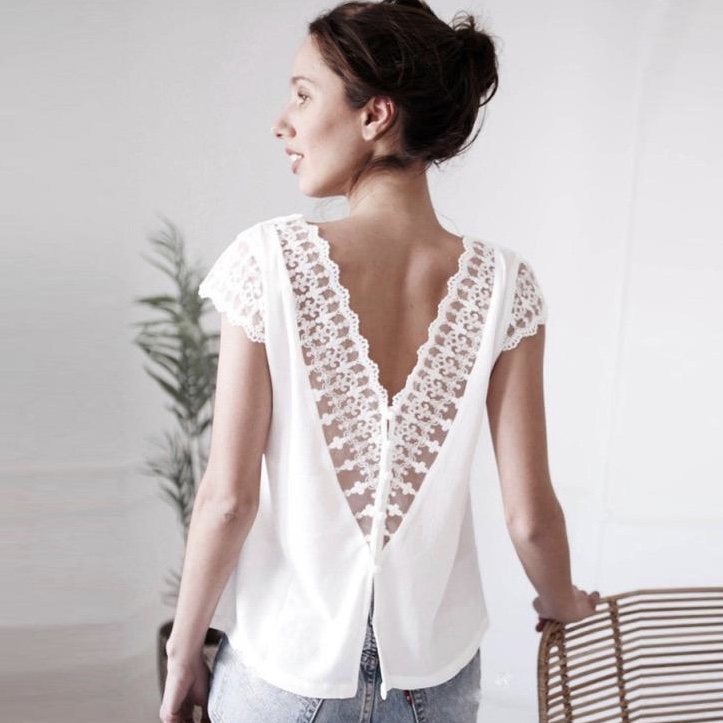White Polyester Back Lace Work Casual Women Top