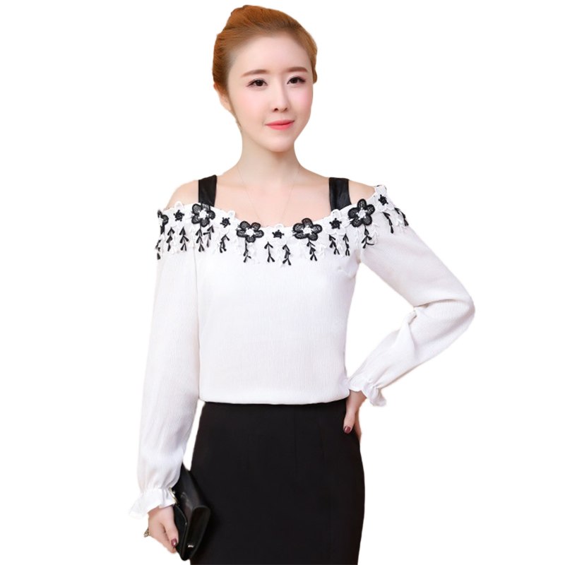 Chiffon Floral Embroidery Cold Shoulder Women Top