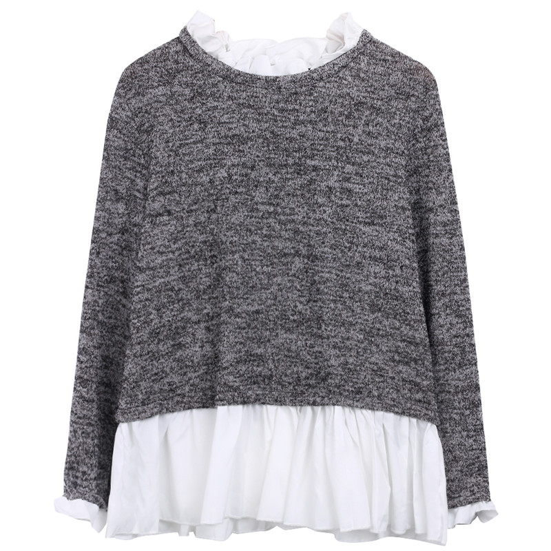 Grey Polyester Ruffled O Neck Layered Women Top