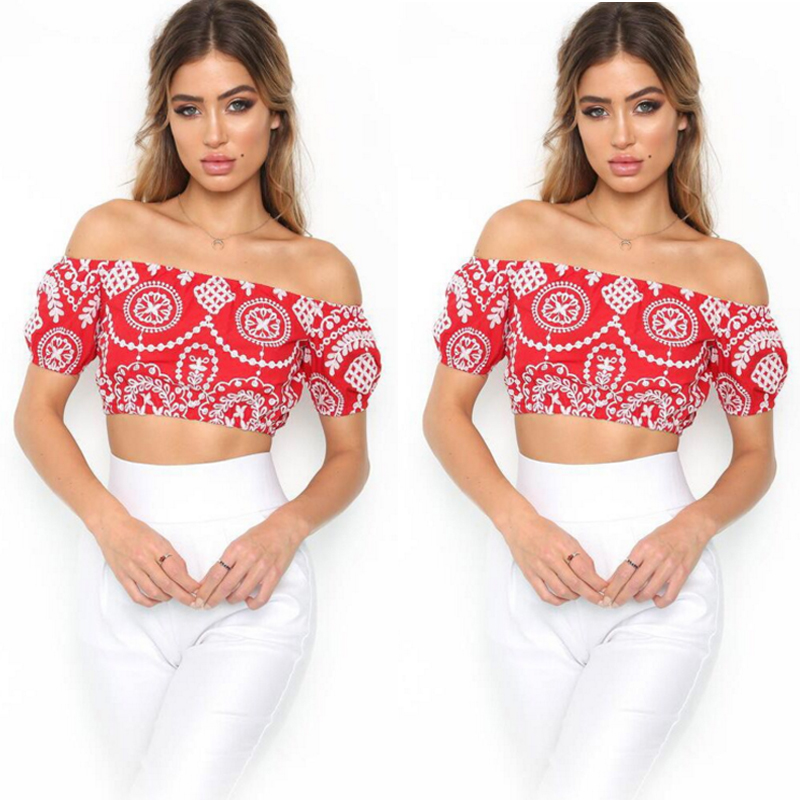 Polyester Printed Off Shoulder Crop Women Top