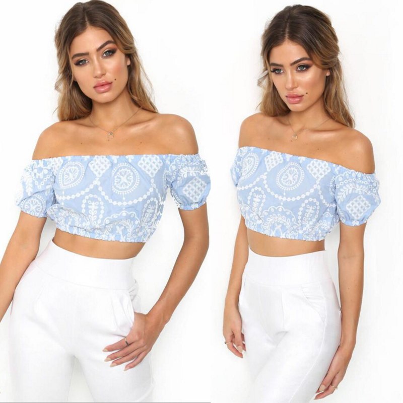 Polyester Printed Off Shoulder Crop Women Top