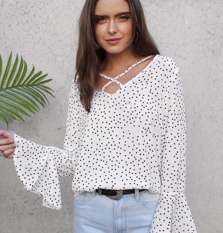 Polyester Cross Front Neck Polka Dotted Women Top