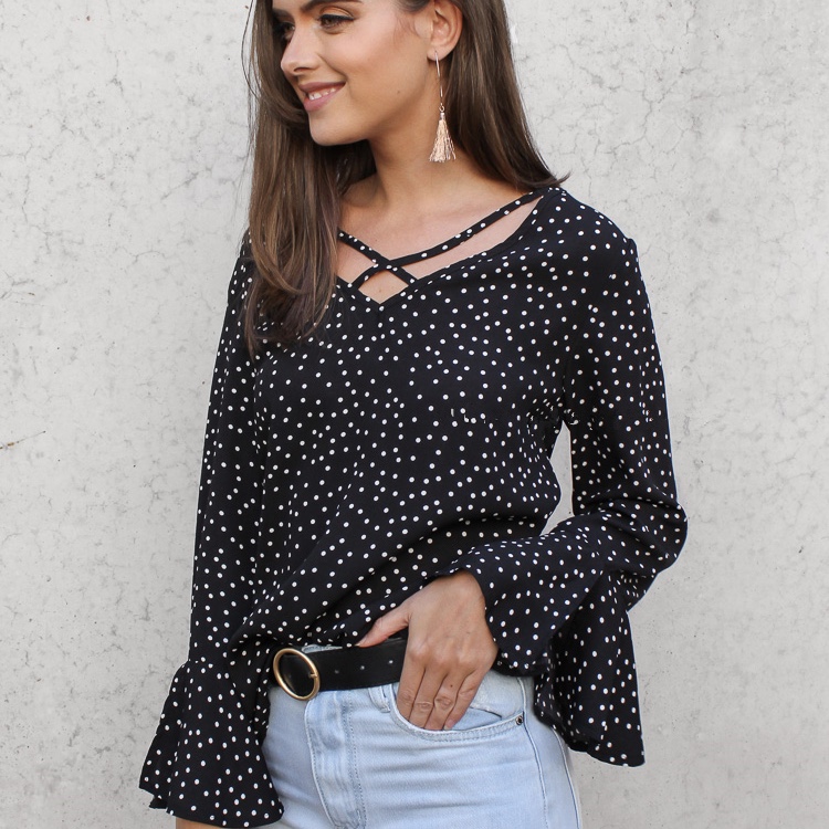 Polyester Cross Front Neck Polka Dotted Women Top